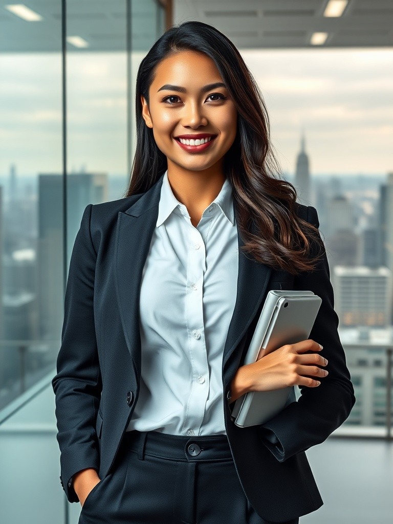 Corporate poster design featuring a confident young businesswoman in professional attire standing in a modern glass office, city skyline background, motivational atmosphere, clean typography space, high-end commercial photography style