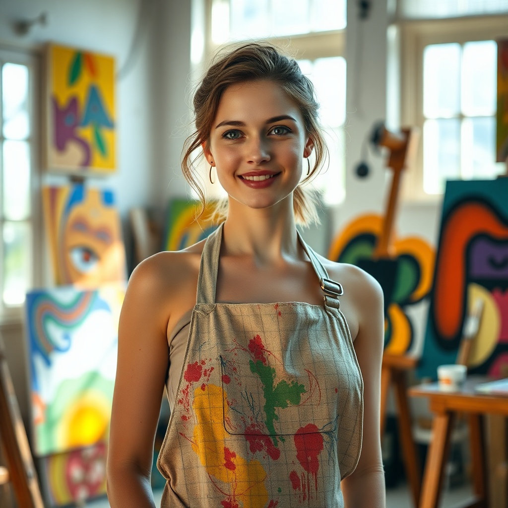 Artistic portrait of a young female artist with paint-stained apron in her colorful studio, natural light streaming through large windows, oil paintings in background, candid expression, documentary style photography