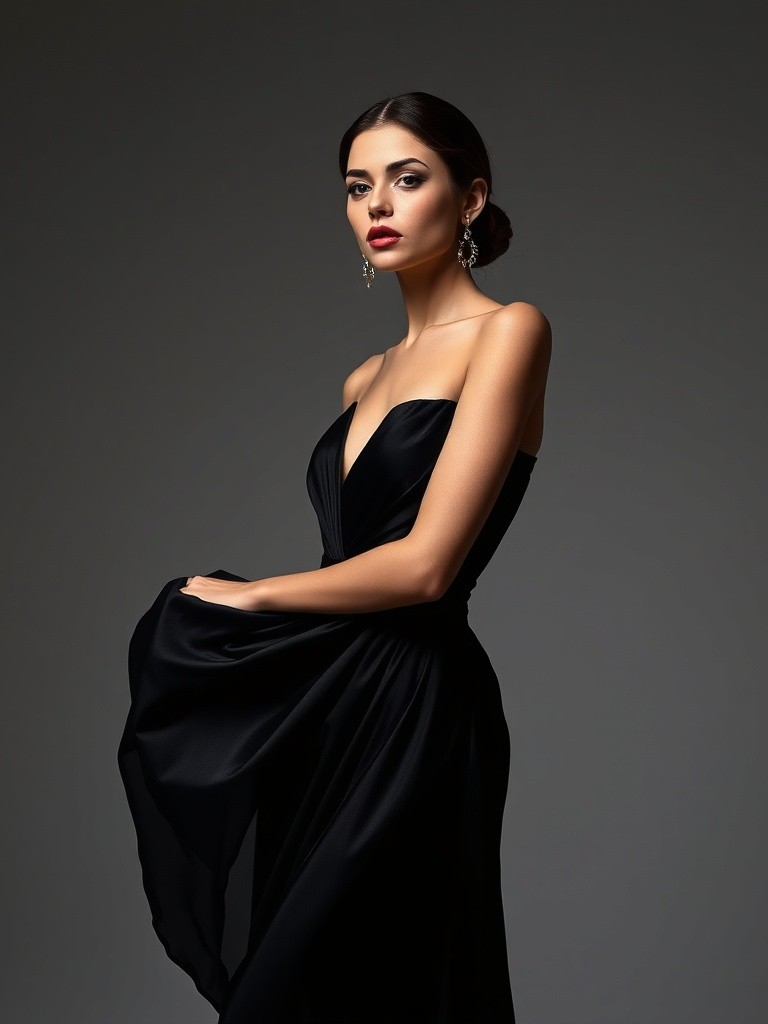 Fashion photograph of elegant black evening dress on professional model, studio lighting with dramatic shadows, luxury fabric texture, high-fashion editorial style, sophisticated pose