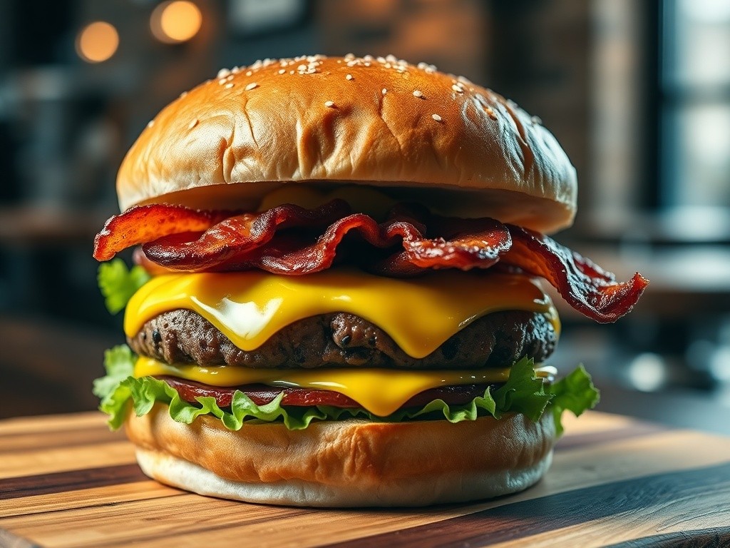 Gourmet burger with layers of fresh ingredients, melted cheese, crispy bacon, on wooden cutting board, rustic restaurant setting, appetizing presentation, food photography lighting