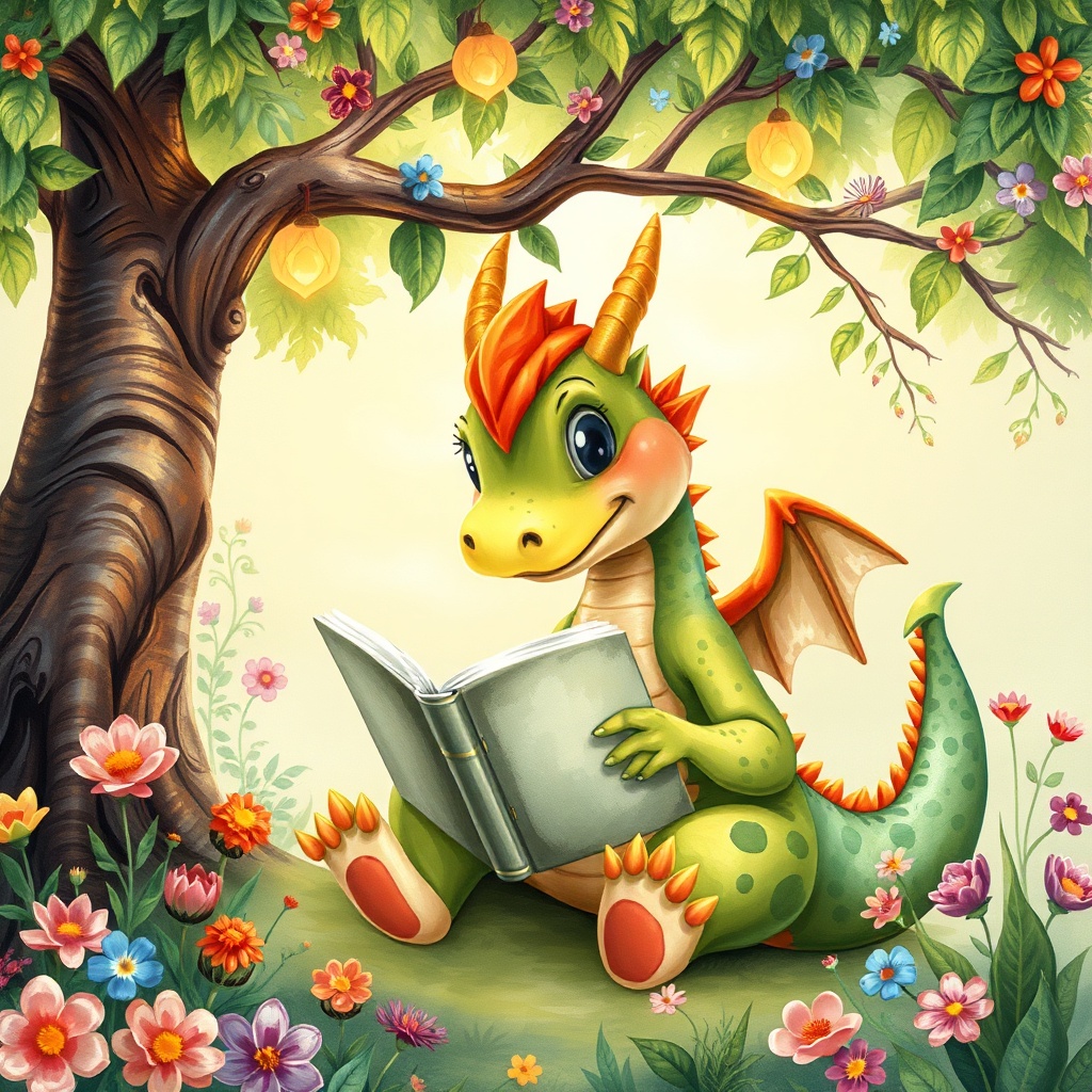 Whimsical children's book illustration of a friendly dragon reading a book under a magical tree, colorful flowers, fairy tale atmosphere, watercolor painting style, bright and cheerful