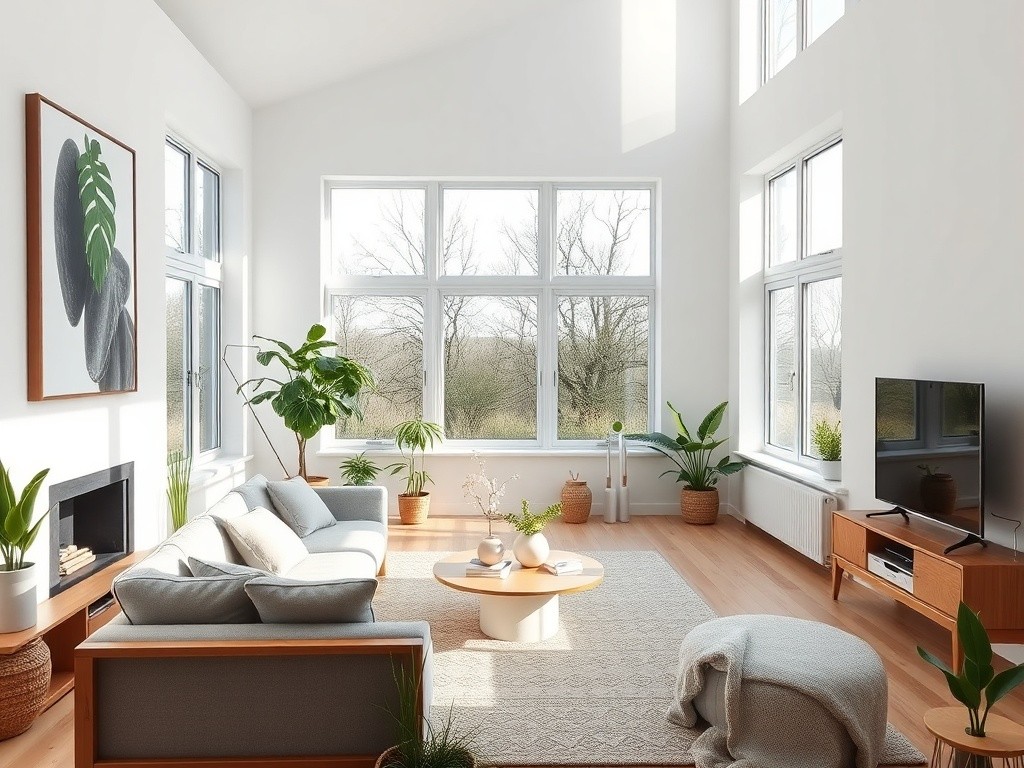 Modern Scandinavian living room with white walls, natural wood furniture, cozy gray sofa, plants, large windows with natural light, minimalist decor, architectural photography style