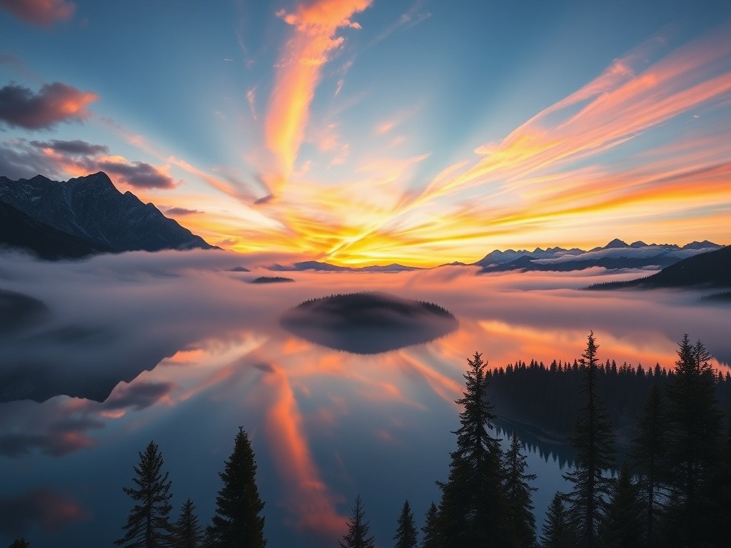 Breathtaking sunrise over misty mountain lake, reflection of peaks in still water, pine trees in foreground, dramatic clouds, landscape photography, vibrant colors, pristine wilderness