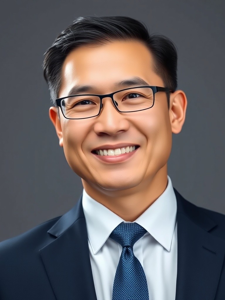 Transform this portrait into a professional business headshot with modern office background, soft studio lighting, confident expression