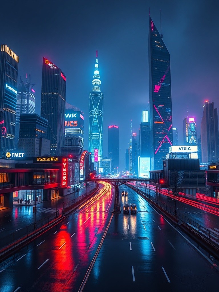Futuristic city skyline at night with illuminated skyscrapers, neon lights reflecting on wet streets, modern architecture, cyberpunk atmosphere, long exposure photography effect
